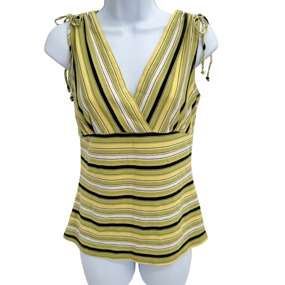 Y2K Wrapper Lime Green Striped V-Neck Babydoll Size M Tie Shoulder Knit Tank Top